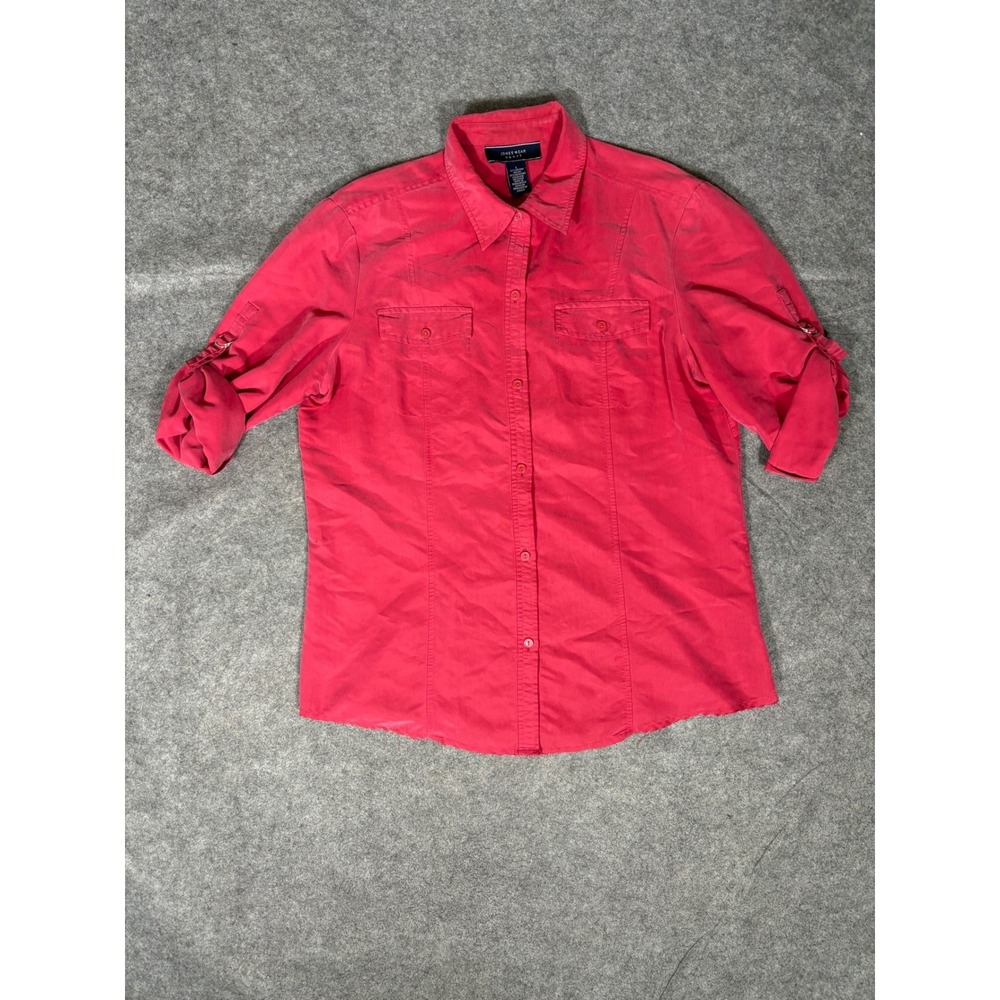 JONES WEAR SPORT Women's Pink Button Down‎ Shirt Roll Tab Sleeves Size L